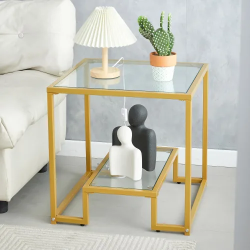 Miniatura 9 de Mesa de centro de cristal de metal negro, mesa de centro simple para sala de estar, hogar, mesa de centro con marco de metal con 2 estantes, mesa