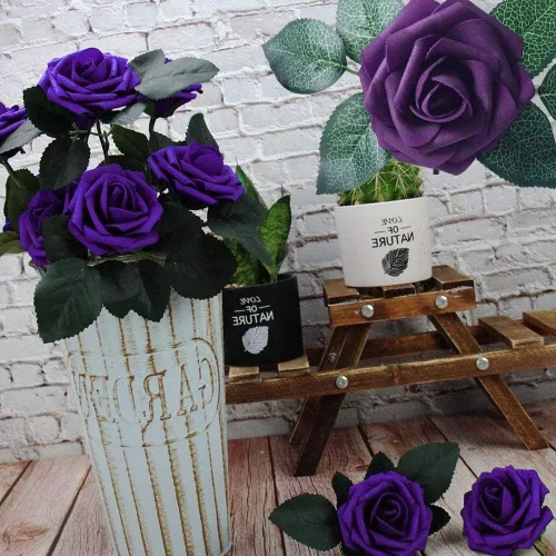 Miniatura 2 de Higfra Flores artificiales, 25 piezas de rosas falsas de espuma de color morado oscuro de aspecto real con tallos para ramos de boda, centros