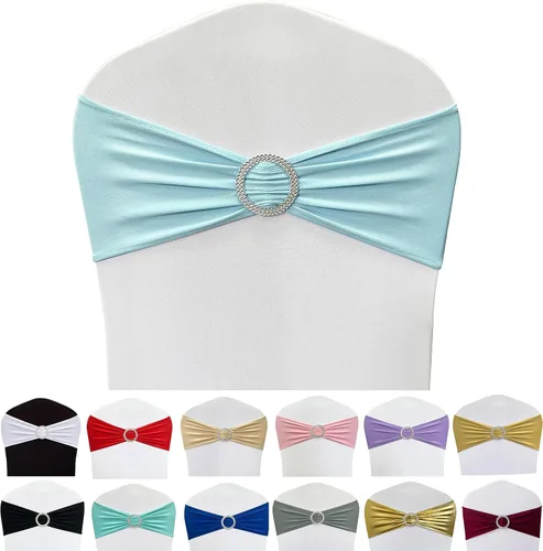Cintas elásticas de elastano para sillas 50 unidades, lazos elásticos para sillas con hebilla deslizante para decoración de bodas, fiestas, Azul bebé