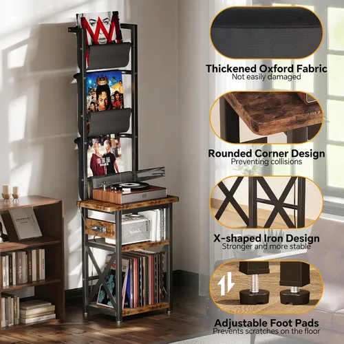 Miniatura 5 de Homeiju Soporte para tocadiscos con toma de corriente, estante de exhibición de discos de vinilo de 6 niveles, mesa de tocadiscos con almacenamiento