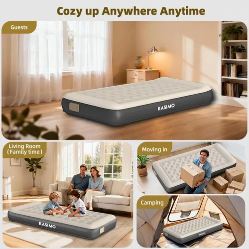 Miniatura 8 de KASIMO Colchón de aire tamaño individual con bomba extraíble de batería integrada, colchón inflable de TPU con almohada, fuerte apoyo toda la noche