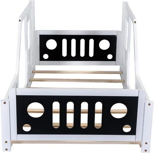 Miniatura 4 de Cama de piso tamaño individual con ruedas, marco de cama Montessori con valla y puerta, cama individual de madera maciza para niños y niñas