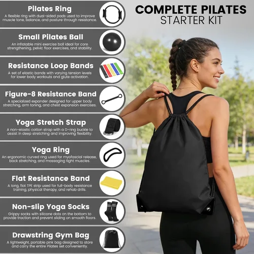 Miniatura 2 de Kit esencial de anillo de pilates para mujer, equipo de entrenamiento en casa con pelota de 9.8 pulgadas, bandas de resistencia, círculo mágico