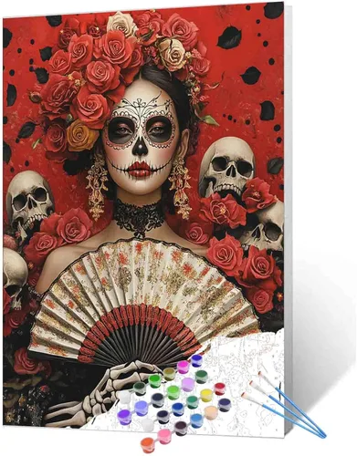 Miniatura 23 de Pintura por números para parejas tomadas de la mano, para adultos, principiantes, Día de los Muertos, Esqueleto, Pintura por números sobre lienzo