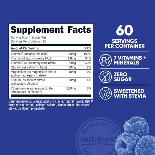 Miniatura 2 de Nutricost Electrolitos en Polvo Complejo (60 Porciones, Frambuesa Azul) - Mezcla de Bebida Suplemento de Hidratación con Vitaminas y Minerales