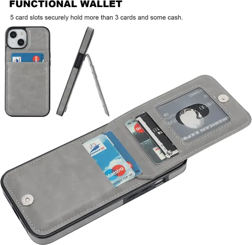 Miniatura 4 de KIHUWEY Funda compatible con iPhone 14 con soporte para tarjeta de crédito, cierre magnético de cuero de alta calidad, función atril, funda Gris