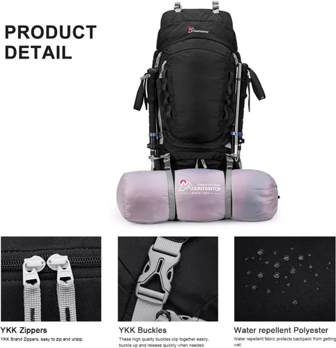 Miniatura 7 de MOUNTAINTOP Mochila de marco interno de 80L para hombre y mujer Mochila de senderismo con cubierta de lluvia Negro-80L