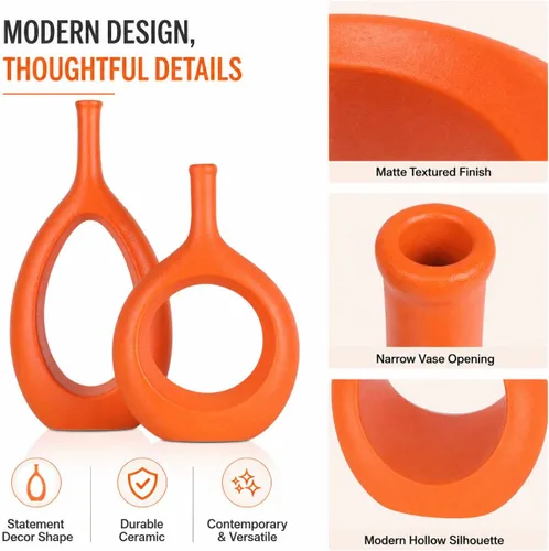 Miniatura 3 de Juego de 2 jarrones de cerámica naranja, modernos jarrones huecos circulares con agujero para flores, para decoración del hogar, para centros