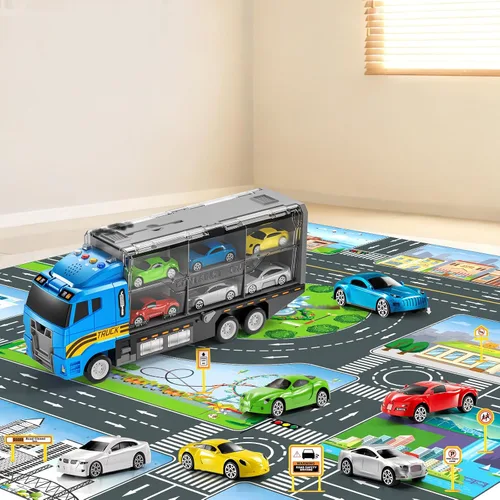 Miniatura 2 de NIPLOOOW Juguetes para niños pequeños de 3, 4, 5 y 6 años, juego de vehículos de camiones con alfombra de juego y coche de juguete fundido a