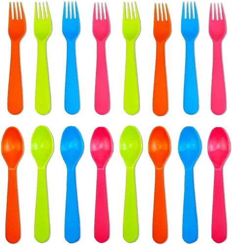 Jawbush 16 utensilios para niños, tenedores y cucharas de plástico para niños, utensilios reutilizables para niños, juego de cubiertos duraderos 8