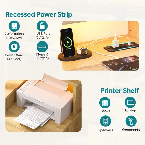 Miniatura 6 de Bestier Escritorio para computadora de 55 pulgadas con tomas de corriente y luces LED, escritorio de oficina en casa con cajón de archivos