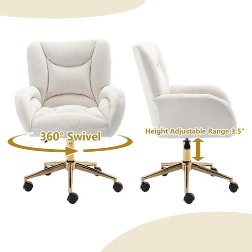 Miniatura 5 de Silla de oficina en casa de terciopelo giratoria de 360°, base de metal dorado, ruedas universales, sillón ergonómico de altura ajustable moderna
