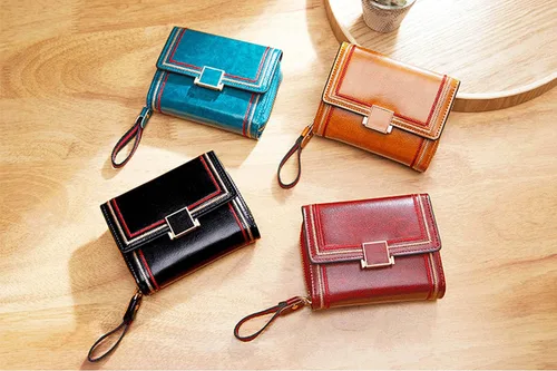 Miniatura 7 de PofeeXIO Cartera de cuero RFID para mujer con tarjetero triple plegable para mujer con correa de muñeca corta para mujer, cartera con múltiples