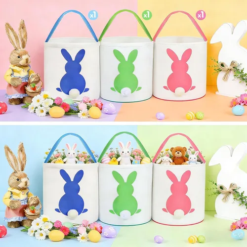 Miniatura 5 de 3 unidades de cesta de caza de huevos de Pascua para niños, cesta de conejo, bolsas de huevo, conejo, colas esponjosas, fiesta, celebrar