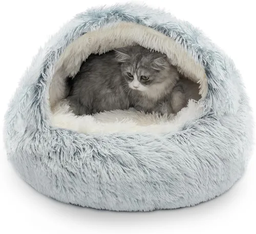 Miniatura 10 de CATISM Cama de felpa con capucha para gatos, nido relajante, cueva autocalentable, cómoda cápsula para gatos de interior o perros pequeños, cala