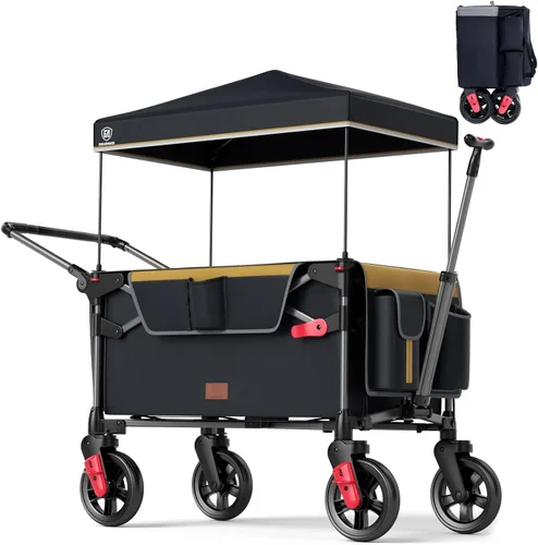 Miniatura 11 de EVER ADVANCED Vagón ultracompacto para 2 niños, vagón cochecito plegable de viaje de empujar y tirar con toldo desmontable, asas y arneses Negro