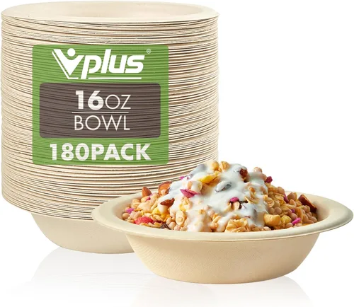 Vplus Paquete de 180 cuencos de papel de 16 onzas, desechables compostables a granel, bagazo ecológico, cuencos resistentes perfectos para cereales