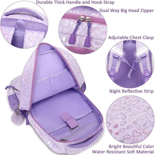 Miniatura 42 de Juego de mochila para niñas y adolescentes, mochila escolar para niños con bolsa para el almuerzo, estuche para lápices, mochilas escolares