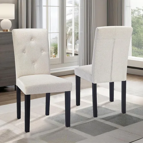 Miniatura 7 de VECELO Juego de 2 sillas de comedor tapizadas, tela moderna y patas de madera maciza y respaldo alto para cocina/sala de estar, color beige