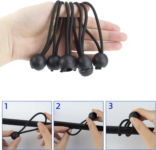 Miniatura 3 de Paquete de 20 cuerdas elásticas negras con bola, cuerdas elásticas de lona elástica de 4 pulgadas, correas de amarre para camping, toldo, refugio