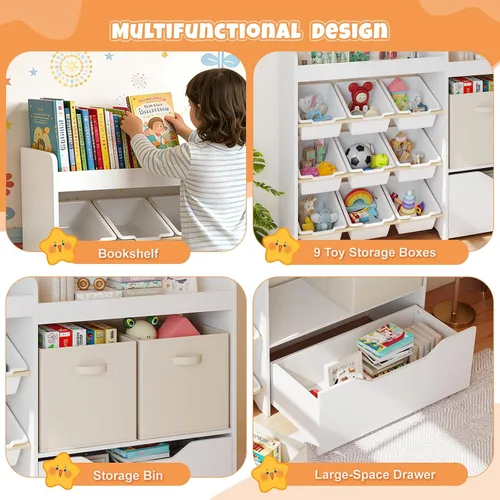 Miniatura 4 de COSVALVE Organizador de almacenamiento de juguetes para niños, organizadores de juguetes de 4 niveles con 2 cubos abiertos, 9 cajas y 2 contenedores