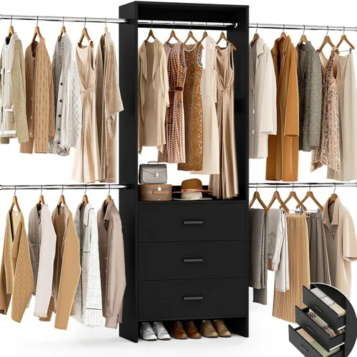 Aheaplus Sistema de Armario con 3 Cajones de Madera, Organizador de Vestuario con Entrada, Estante de Ropa con 4 Barras para Colgar, Perchero, -4R,