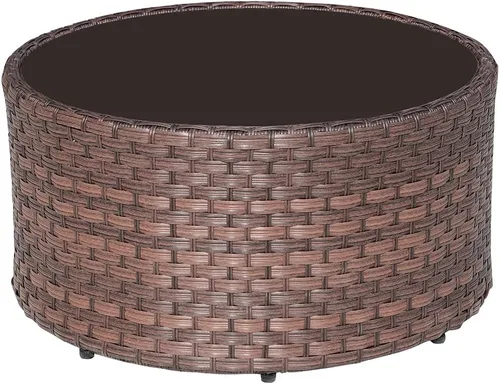 SUNSITT Mesa de centro redonda para exteriores con tapa de vidrio templado, mesa auxiliar de mimbre de mimbre de resina PE de 28 pulgadas, color