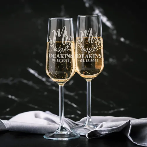 Miniatura 3 de Juego de 2 copas de champán personalizadas, copas florales de Mr & Mrs para novia y novio, registro de bodas por nombre de la novia, regalo Mr & Mrs