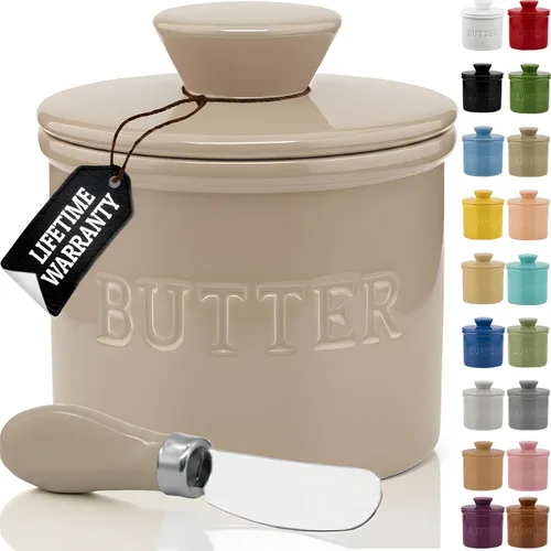 Miniatura 22 de PriorityChef - Mantequera con tapa con línea de agua, plato de mantequilla francesa de cerámica para dejar en la encimera, color caqui
