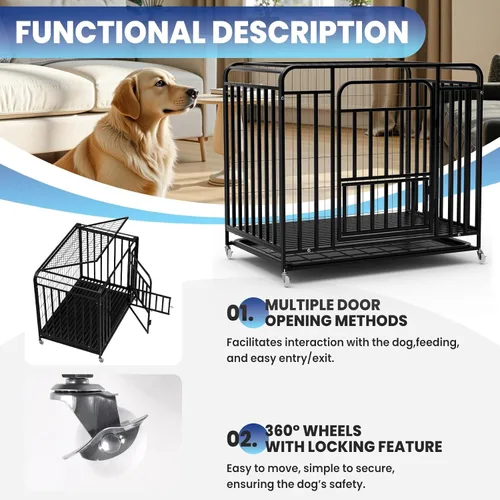 Miniatura 5 de Jaula extragrande para perros grandes, medianos, 42 pulgadas, resistente, indestructible, con ruedas bloqueables y puerta doble extraíble, fácil
