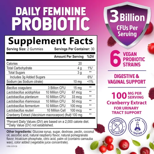 Miniatura 2 de Nature's Nutrition Gomitas probióticas para mujeres con arándano, 6 cepas premium para el equilibrio del PH, salud digestiva, apoyo vaginal e