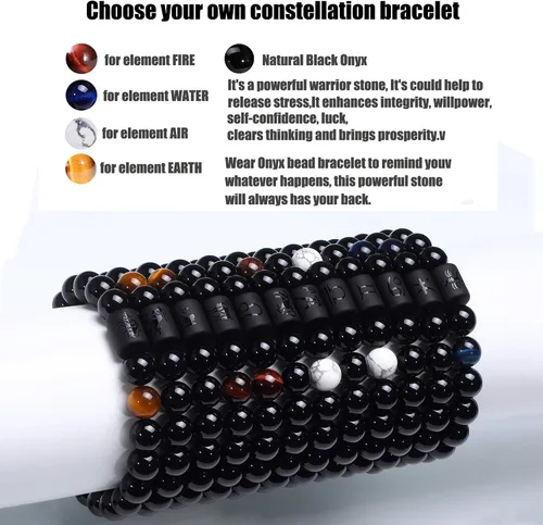 Miniatura 3 de Jade cabbage Pulsera del zodiaco para pareja de 0.315in 0.394in, pulsera de cuentas de piedra de ónix negro natural para hombres y mujeres, signo