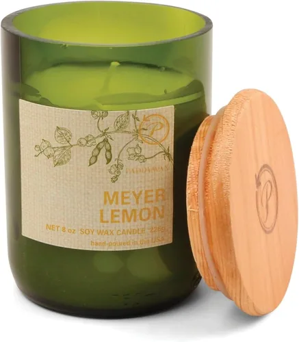 Paddywax Eco Green Collection - Vela de mezcla de cera de soja en tarro de vidrio, aroma a limón Meyer, recipiente verde con tapa de madera, 8 onzas