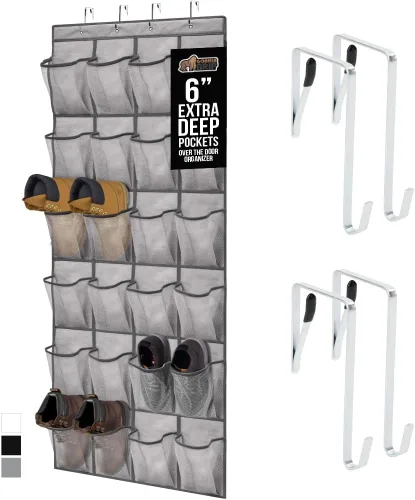 Miniatura 21 de Gorilla Grip - Zapatero para colgar en la puerta, 24 bolsillos de malla para sostener hasta 40 libras, organizador para parte trasera del armario
