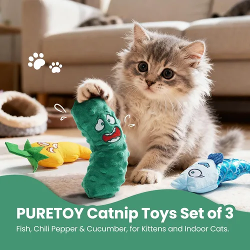 Miniatura 2 de Juego de 3 juguetes de hierba gatera – Pescado, chile y pepino, juguetes de peluche para gatos de interior, juguetes interactivos naturales rellenos