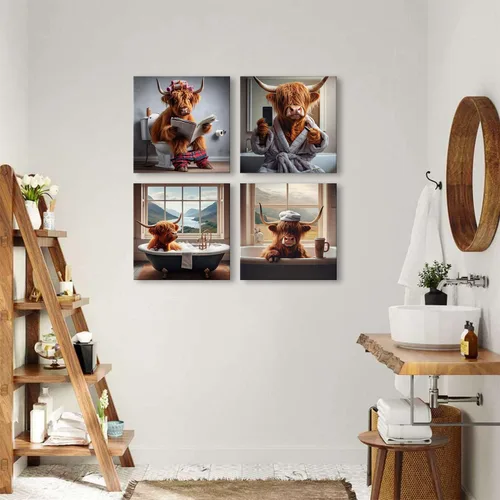 Miniatura 3 de Decoración de pared de vaca de las tierras altas de baño, arte de pared de vaca rústica, animales de cuerno largo, imágenes de bañera, impresiones