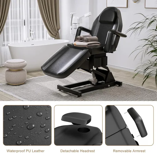 Miniatura 5 de SyyBhb Silla de tatuaje de cama de spa totalmente eléctrica negra, mesa facial con 3 motores con bolsillo de almacenamiento, respaldo de 21 a 28