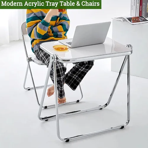 Miniatura 3 de HM&DX Juego de mesas y sillas plegables, mesa y taburete de acrílico para TV, escritorio pequeño y moderno, mesas auxiliares plegables para sala