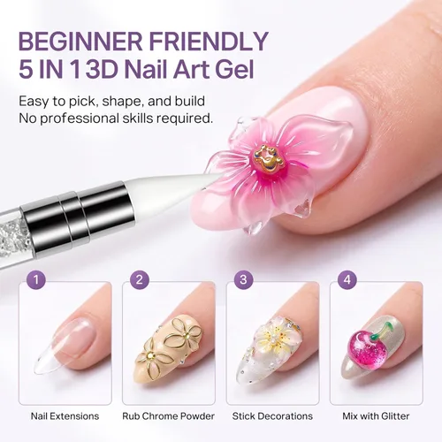 Miniatura 2 de MIZHSE 2PCS 3D Gel Nail Art Clear Sculpting Gel, 5 in 1 Clear Non-Sticky Sculpture Molding Solid Builder Gels for Nails with Chrome Nail Powder Kit