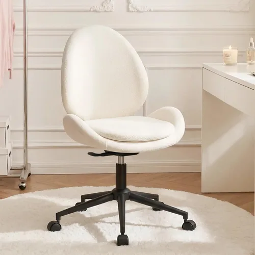 Furniliving Silla de escritorio de felpilla sin brazos con ruedas, silla tapizada de oficina en casa con cojín de doble capa, silla giratoria Blanco