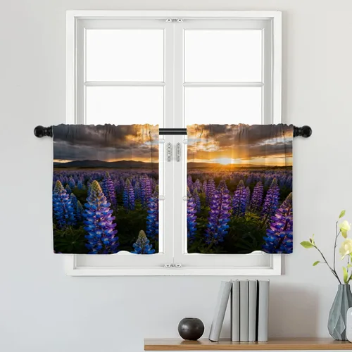 Batmerry Cortinas de color azul púrpura silvestre con niveles de puesta de sol, tratamiento de ventana de lavanda natural, cortina corta de cocina
