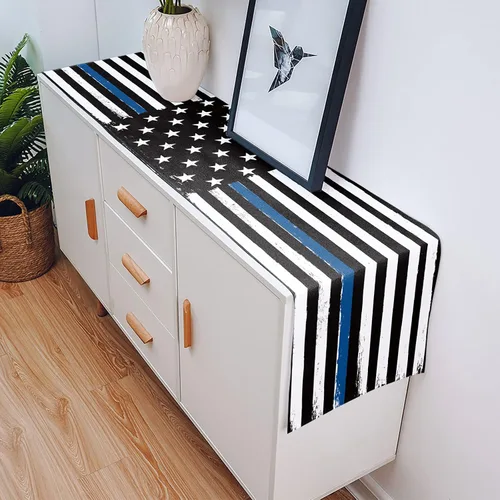 Miniatura 5 de Thin Blue Line Camino de mesa negro – Lino de algodón de 36 pulgadas de largo, bufandas de vestir de la bandera de Estados Unidos, camino de mesa