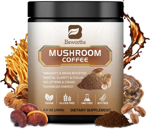 Miniatura 14 de B BEWORTHS Café en polvo de hongos con aceite MCT, 10 hongos melena de león, cola de pavo, reishi, cordyceps y chaga - Café instantáneo de hongos