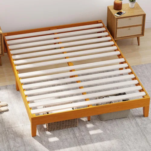 BLKMTY Marco de cama de madera, cama tamaño Queen sin plataforma de cabecero, con espacio de almacenamiento inferior, fácil montaje, no necesita