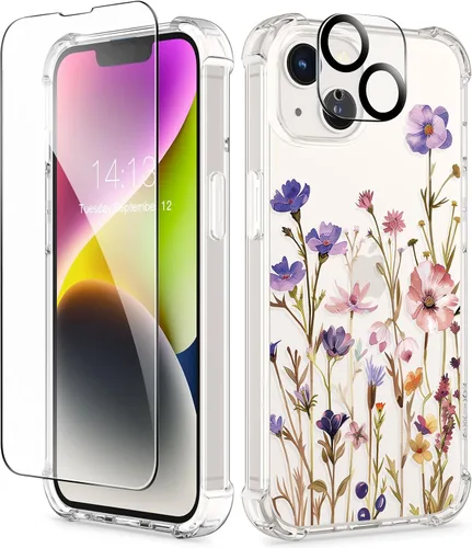 Miniatura 136 de GVIEWIN - Funda floral para iPhone 14 de 6.1 pulgadas, protector de pantalla + protector de lente de cámara, no se amarillenta, a prueba de golpes