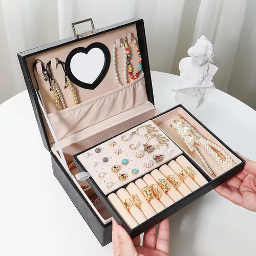 Miniatura 5 de valunell Joyero para niñas de dos capas de piel sintética con cerradura y espejo de corazón