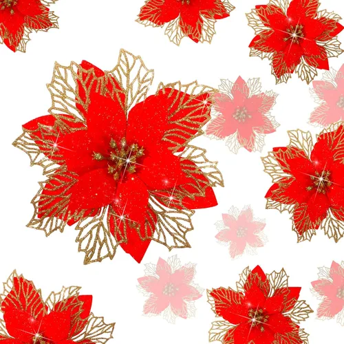 Miniatura 8 de Geosar 24 piezas de flores de Pascua con purpurina para Año Nuevo, flores artificiales en capas, adornos para árbol de boda y Año Nuevo, 3/4/6 Azul