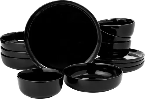 Gibson Home Oslo - Juego de vajilla de porcelana resistente a las astillas y a los arañazos de 12 piezas, servicio para 4 – Platos y cuencos negros,