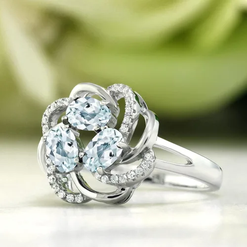 Miniatura 65 de Gem Stone King Flower Blossom Gemstone Birthstone Ring in 925 Sterling Silver 3-Stone Oval 6X4MM with Sparkling Accents Wedding Anniversary
