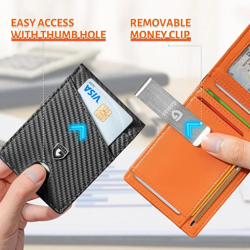 Miniatura 57 de GSOIAX Cartera delgada de cuero plegable RFID para hombre, billetera minimalista con bolsillo frontal con clip para dinero, 12 ranuras para Negro